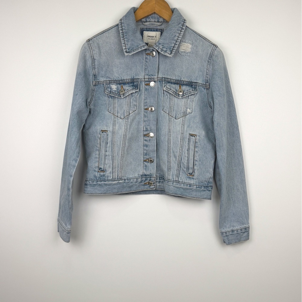 Forever 21 Denim Jacket Womens S Blue Distressed Light Wash Jean Trucker